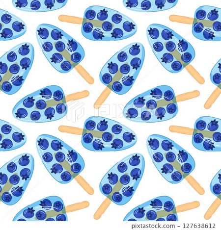 Seamless pattern of tropical blueberry ice pop on wooden stick on white background in cartoon style. Perfect for delivery cafe packaging and kitchen wallpaper. 127638612