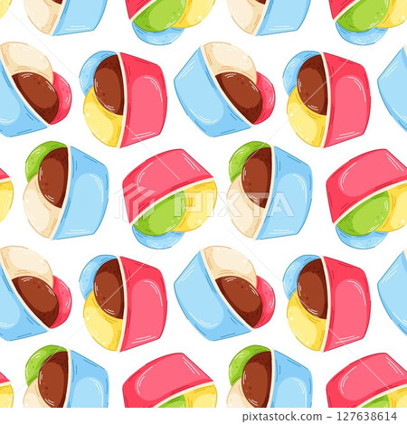Colorful seamless pattern of cartoon ice cream scoop in paper cup with chocolate, vanilla, pistachio, mint and fruit flavor. Perfect for summer background, packaging and textile design. 127638614