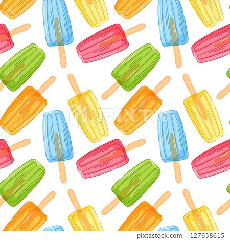 Colorful seamless pattern of assorted popsicle in red, blue, green, yellow and orange color on white background. Perfect for summer theme, food packaging and sweet dessert design. Colorful seamless pattern of assorted popsicle in red, blue, green, yellow and orange color on white background. Perfect for summer theme, food packaging and sweet dessert design. 127638615