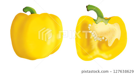 A single yellow pepper, a pepper cut in half, an image of summer vegetables, clip art, illustration, png, background transparent A single yellow pepper, a pepper cut in half, an image of summer vegetables, clip art, illustration, png, background transparent 127638629