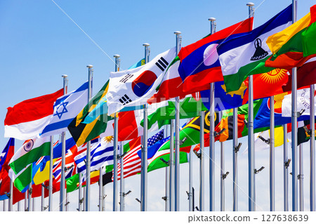 拍打在藍天的國家的旗子 拍打在藍天的國家的旗子 127638639