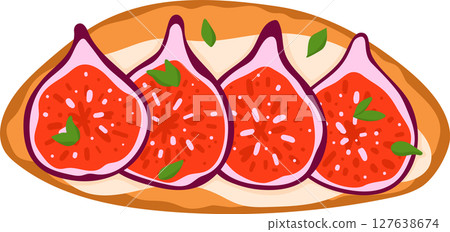 Bruschetta Italian Cuisine Appetizer. Open Sandwich with Grilled Bread Topped with Fig, Cream Cheese and Herbs. Isolated Vector Illustration on White Background Bruschetta Italian Cuisine Appetizer. Open Sandwich with Grilled Bread Topped with Fig, Cream Cheese and Herbs. Isolated Vector Illustration on White Background 127638674