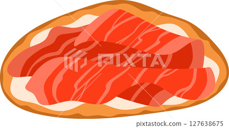 Bruschetta Italian Cuisine Appetizer. Open Sandwich with Grilled Bread Topped with Prosciutto Crudo and Cream Cheese. Isolated Vector Illustration on White Background Bruschetta Italian Cuisine Appetizer. Open Sandwich with Grilled Bread Topped with Prosciutto Crudo and Cream Cheese. Isolated Vector Illustration on White Background 127638675