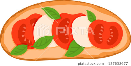 Bruschetta Italian Cuisine Appetizer. Open Sandwich with Grilled Bread Topped with Fresh Tomatoes, Mozzarella and Basil. Isolated Vector Illustration on White Background 127638677