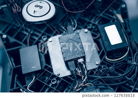 Agricultural drone flight control electronics. Power management unit and GPS module. Precision crop monitoring and automation. PMU and GPS navigation modules. Smart farming. Agricultural technology. 127638818