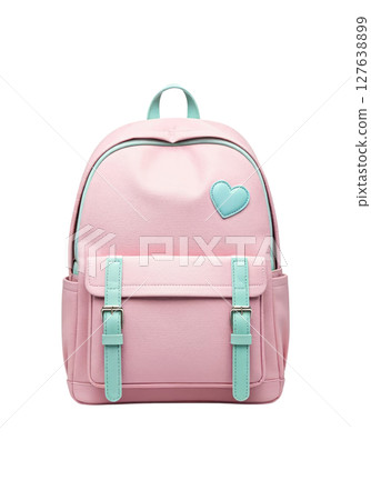 A pink backpack with a blue heart patch, pastel color palette, watercolor texture, cute school supply illustration 127638899