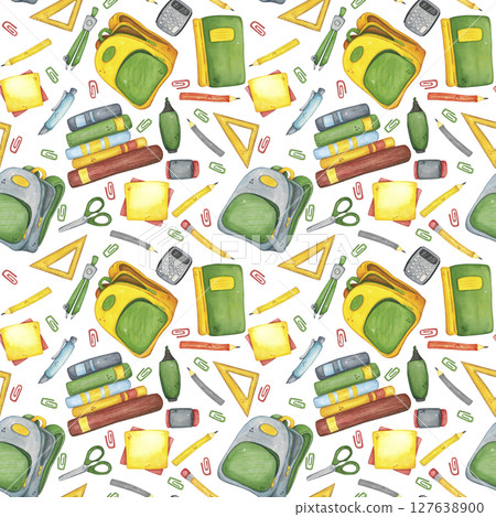 Seamless pattern with books and school supplies and backpack. Watercolor illustration hand drawn, cartoon. Drawing for stickers, cards, invitations, scrapbooking. science, school, laboratory, back to 127638900