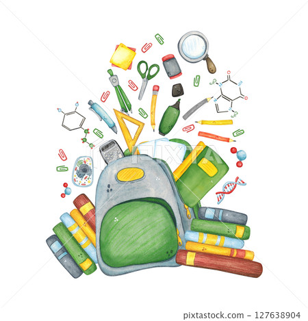 Gray school backpack from which office supplies and books fly out. Watercolor illustration hand-drawn, cartoon. Drawing for stickers, cards, invitations, scrapbooking. science, school, laboratory Gray school backpack from which office supplies and books fly out. Watercolor illustration hand-drawn, cartoon. Drawing for stickers, cards, invitations, scrapbooking. science, school, laboratory 127638904