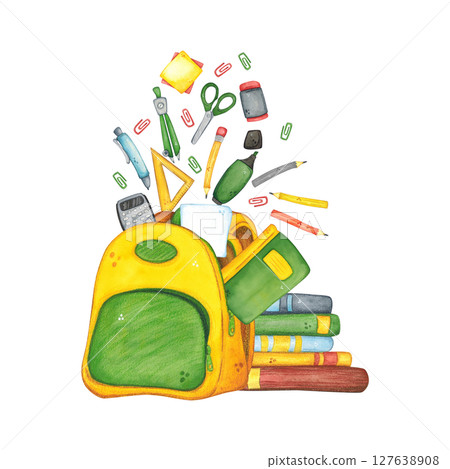 school backpack from which office supplies and books fly out. Watercolor illustration hand-drawn, cartoon. Drawing for stickers, cards, invitations, scrapbooking. science, school, laboratory school backpack from which office supplies and books fly out. Watercolor illustration hand-drawn, cartoon. Drawing for stickers, cards, invitations, scrapbooking. science, school, laboratory 127638908