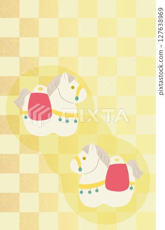 New Year's card illustration material with horse-shaped clay bells and Japanese pattern background New Year's card illustration material with horse-shaped clay bells and Japanese pattern background 127638969