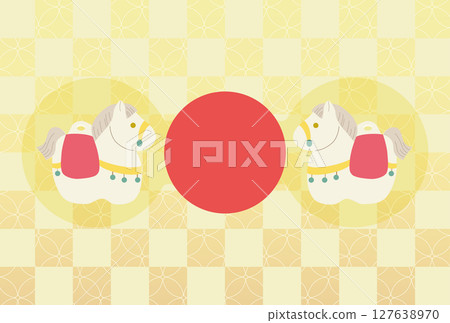 New Year's card illustration material with horse-shaped clay bells and Japanese pattern background New Year's card illustration material with horse-shaped clay bells and Japanese pattern background 127638970