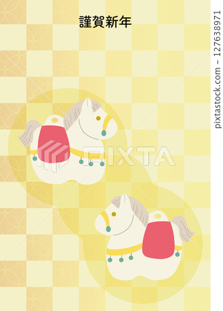 2026 New Year's card template with horse-shaped clay bells and Japanese pattern background 2026 New Year's card template with horse-shaped clay bells and Japanese pattern background 127638971