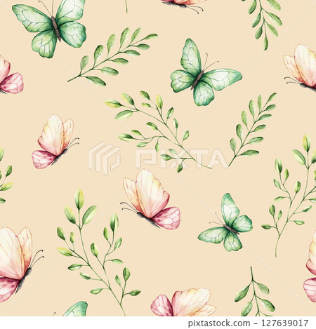Seamless pattern with beautiful colorful butterflies and spring branches with leaves. Watercolor hand drawn insect clipart isolated on background. Botanical and wedding illustration. Baby shower 127639017