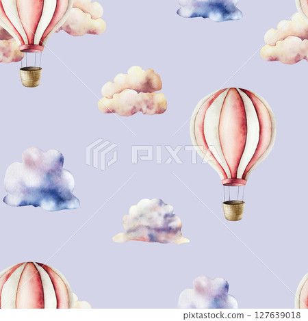 Air Balloons with basket and Summer air clouds seamless pattern. Watercolor hand drawn nursery clipart isolated on background. Cute illustration. Baby shower design elements. Party invitation 127639018