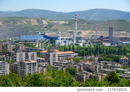 Bor city with Copper mine and smelting complex of Zijin Bor, owned by Chinese company Zijin Mining Group in Serbia 127639020