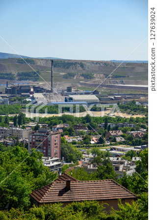 Bor city with Copper mine and smelting complex of Zijin Bor, owned by Chinese company Zijin Mining Group in Serbia 127639024