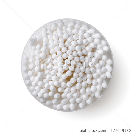 Cotton swabs in a package on a white background. Top view 127639120