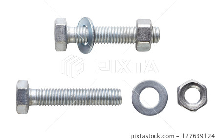 Metal bolt with screwed nut and washer and separately a on white background. Isolated 127639124
