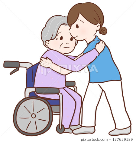 Caregiver assisting transfer and elderly woman (color) Caregiver assisting transfer and elderly woman (color) 127639189
