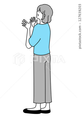 Profile illustration of a young woman smiling, looking up at something and clapping Profile illustration of a young woman smiling, looking up at something and clapping 127639203