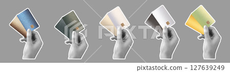 A hand holding a unique, fashionable bank card with chip, symbolizing modern finance, shopping, and 127639249