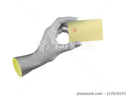 Bank card held in hand. Credit and debit cards with chip for secure online payment, transfer, and 127639255