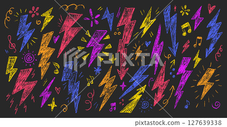 Colorful Crayon Lightning Doodles with Hearts and Music Notes on Dark Background Colorful Crayon Lightning Doodles with Hearts and Music Notes on Dark Background 127639338