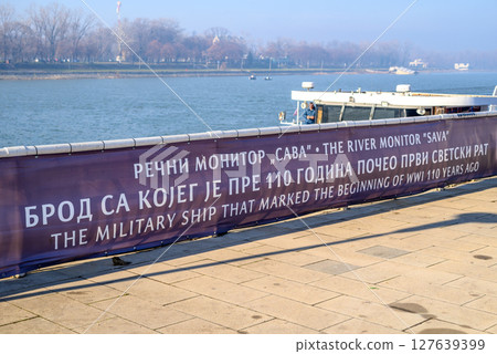 River monitor Sava, historical floating museum ship on Sava river in Belgrade, capital of Serbia River monitor Sava, historical floating museum ship on Sava river in Belgrade, capital of Serbia 127639399