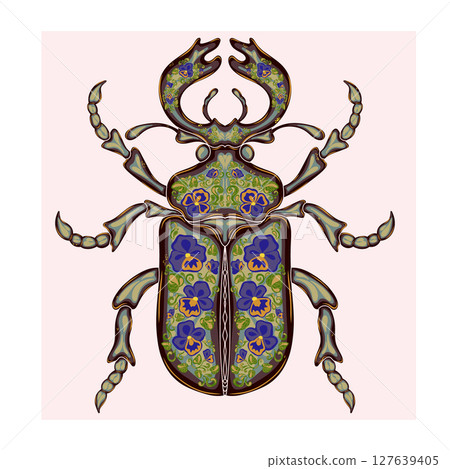 Stylized decorative illustration of a beetle with intricate floral patterns in Art Nouveau style, inspired by nature. Stylized decorative illustration of a beetle with intricate floral patterns in Art Nouveau style, inspired by nature. 127639405
