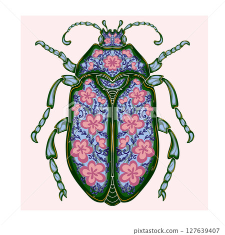 Stylized decorative illustration of a beetle with intricate floral patterns in Art Nouveau style, inspired by nature. Stylized decorative illustration of a beetle with intricate floral patterns in Art Nouveau style, inspired by nature. 127639407