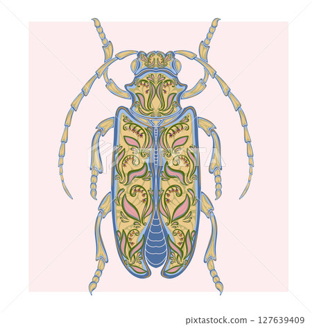 Stylized decorative illustration of a beetle with intricate floral patterns in Art Nouveau style, inspired by nature. Stylized decorative illustration of a beetle with intricate floral patterns in Art Nouveau style, inspired by nature. 127639409