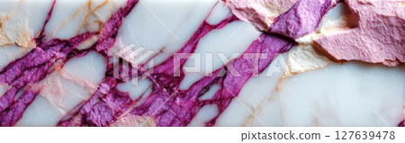 Semiprecious marble with pink fragmented inclusions on white polished base 127639478