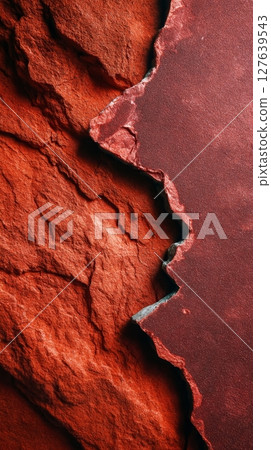 Red travertine stone texture with rough edge transition to polished dark surface in close-up 127639543