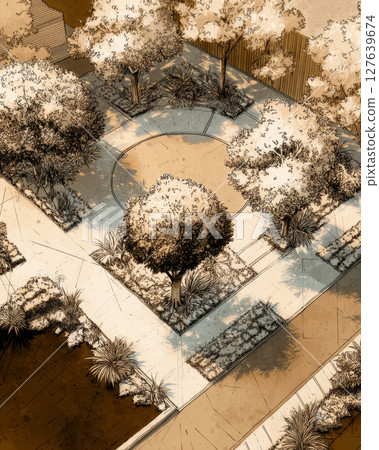 Urban courtyard sketch with circular plaza and surrounding trees Urban courtyard sketch with circular plaza and surrounding trees 127639674