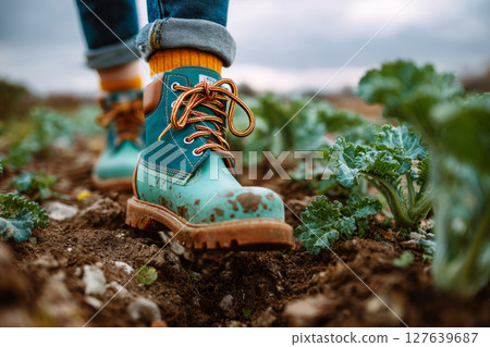 Colorful muddy boots walking through soil rows in garden with leafy greens Colorful muddy boots walking through soil rows in garden with leafy greens 127639687