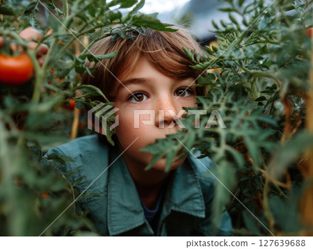 Boy looking through lush tomato vines in garden surrounded by green leaves and ripe tomatoes 127639688