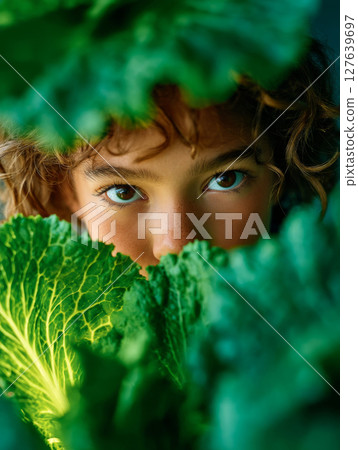Young freckled child looking through large green leaves in garden 127639697