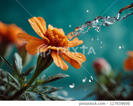 Detailed view of water being sprayed onto an orange marigold flower in a blooming garden 127639698