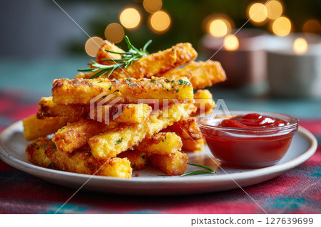 Crispy herb-seasoned pickle fries with ketchup on a white plate in festive setting 127639699