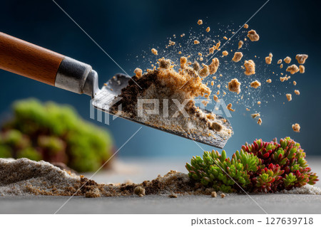Flying soil from garden trowel near succulent plants with dramatic lighting 127639718