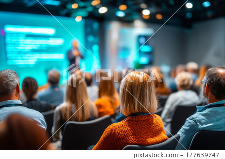 Focused woman listening to business presentation at modern conference event 127639747