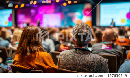 Attentive audience during a colorful stage presentation at a business conference 127639749