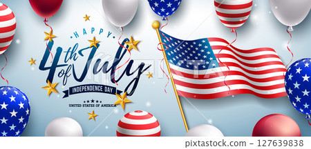 Fourth of July Independence Day Banner Design with American Flag Pattern Party Balloon on Light Background. 4th of July USA National Holiday Vector Illustration with Typography Elements for Flyer 127639838