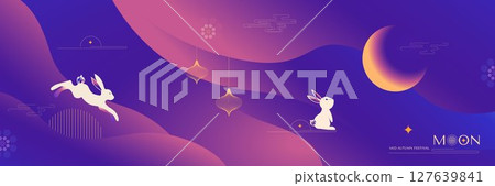 Mid-Autumn Festival. Jumping rabbits, full moon. Delicate purple background. Chuseok, Chinese translation Mid-Autumn. Banner, background and poster. 127639841