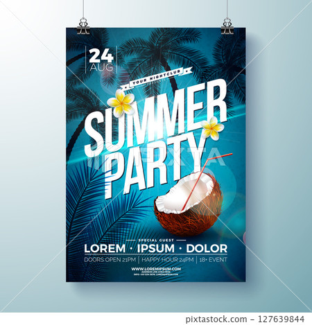 Summer Beach Party Flyer Design with Flower and Coconut on Blue Tropical Palm Leaves Background. Vector Summer Holiday Illustration with Typography Lettering for Banner, Flyer, Invitation or Poster. 127639844