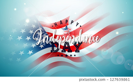 Fourth of July Independence Day of the USA Banner Illustration with Typography Letter on Blurred American Flag Background. Vector 4th of July National Celebration Design for Banner, Greeting Card 127639861