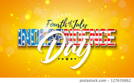 Fourth of July Independence Day of the USA Banner Illustration with American Flag in 3d Typography Lettering on Shiny Yellow Background. Vector 1776 4th of July National Celebration Design for Flyer Fourth of July Independence Day of the USA Banner Illustration with American Flag in 3d Typography Lettering on Shiny Yellow Background. Vector 1776 4th of July National Celebration Design for Flyer 127639862