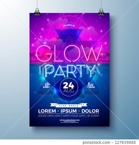 Summer Party Banner Design Template with Glowing Neon Light on Fluorescent Tropic Leaves Background. Vector Summer Celebration Holiday Illustration for Banner, Flyer, Invitation or Celebration Poster. 127639888