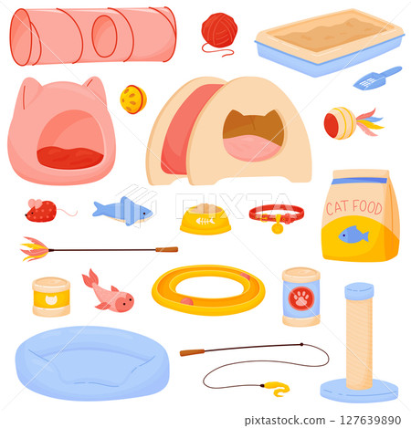 Set of accessories for cats. Pet shop equipment. Cartoon kitten stuff - toys, beds, litter tray 127639890