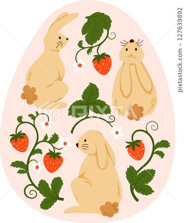 Composition of Easter Bunnies and Strawberry Branches with Berries and Blossoms on Egg Shape. Cute Spring Holiday Illustration for Greeting Cards, Invitations, Banners and Stickers 127639892
